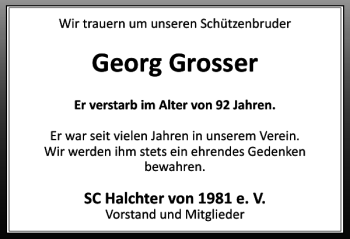 Traueranzeige von Georg Grosser von Wolfenbütteler Zeitung