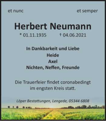 Traueranzeige von Herbert Neumann von Peiner Nachrichten