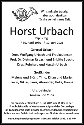 Traueranzeige von Horst Urbach von Wolfsburger Nachrichten
