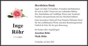 Traueranzeige von Inge Röhr von Peiner Nachrichten