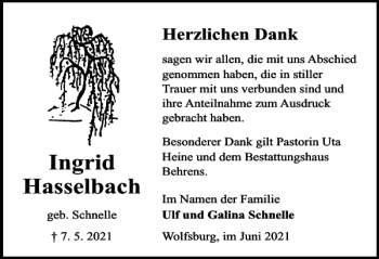 Traueranzeige von Ingrid Hasselbach von Wolfsburger Nachrichten