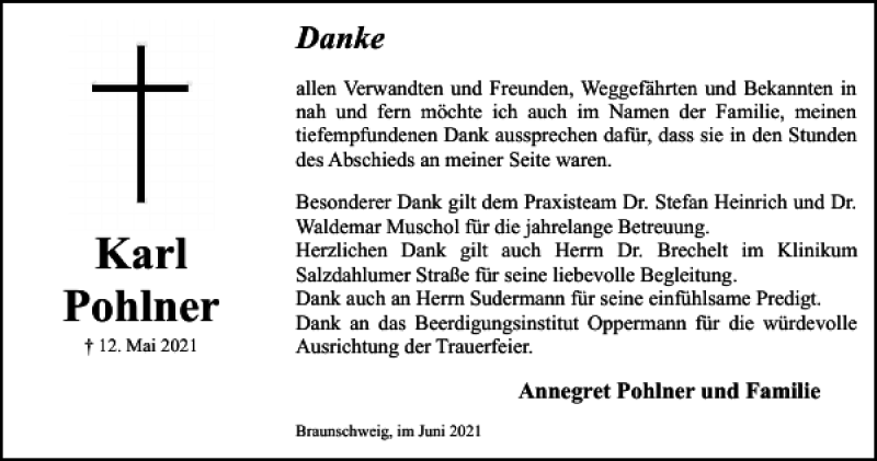  Traueranzeige für Karl Pohlner vom 04.06.2021 aus Braunschweiger Zeitung