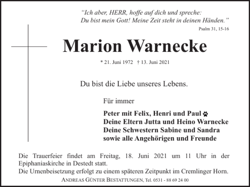  Traueranzeige für Marion Warnecke vom 16.06.2021 aus Salzgitter Zeitung