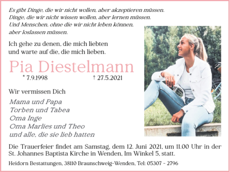 Traueranzeige für Pia Diestelmann vom 05.06.2021 aus Braunschweiger Zeitung