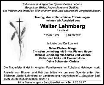 Traueranzeige von Walter Lehmberg von Wolfenbütteler Zeitung
