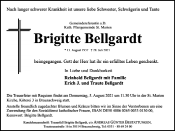 Traueranzeige von Brigitte Bellgardt von Braunschweiger Zeitung