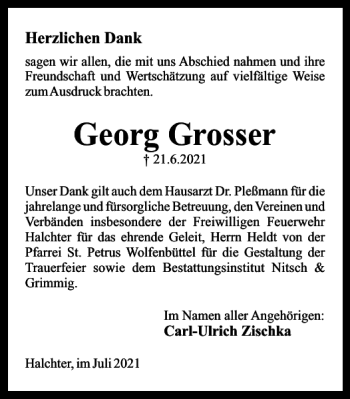 Traueranzeige von Georg Grosser von Wolfenbütteler Zeitung