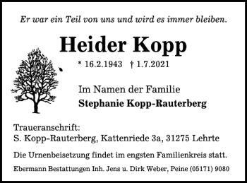 Traueranzeige von Heider Kopp von Wolfsburger Nachrichten