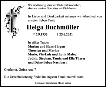 Traueranzeige von Helga Buchmüller von Helmstedter Nachrichten