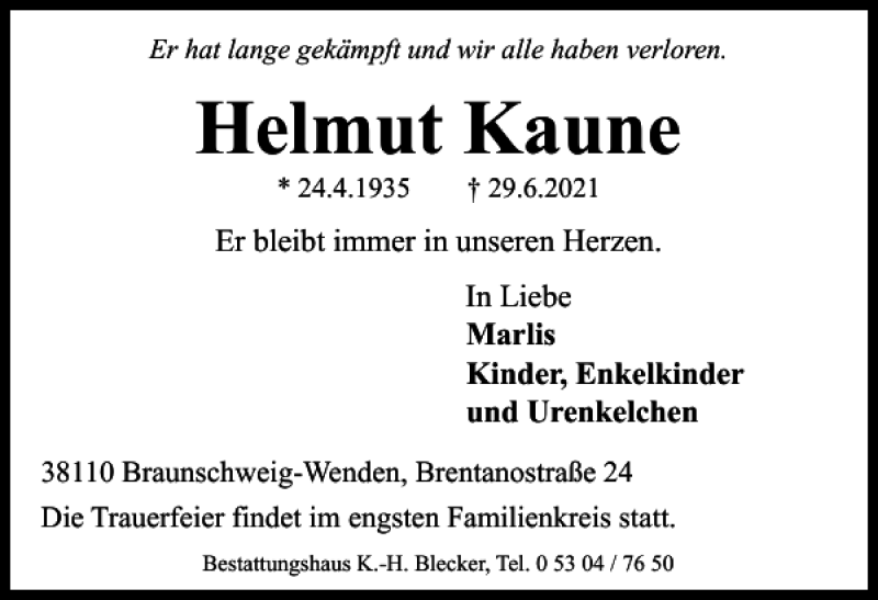  Traueranzeige für Helmut Kaune vom 02.07.2021 aus Braunschweiger Zeitung