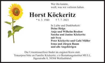 Traueranzeige von Horst Köckeritz von Braunschweiger Zeitung