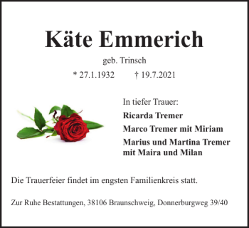 Traueranzeige von Käte Emmerich von Braunschweiger Zeitung