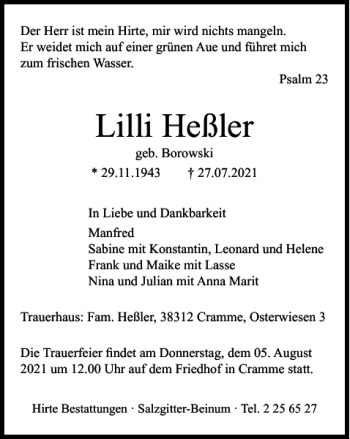 Traueranzeige von Lilli Heßler von Wolfenbütteler Zeitung