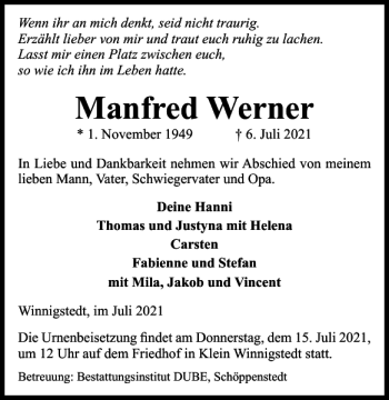 Traueranzeige von Manfred Werner von Wolfenbütteler Zeitung