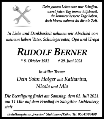 Traueranzeige von RUDOLF BERNER von Salzgitter Zeitung