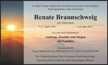 Traueranzeige von Renate Braunschweig von Peiner Nachrichten