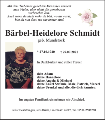 Traueranzeige von Bärbel-Heidelore Schmidt von Braunschweiger Zeitung