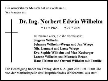 Traueranzeige von Dr. Ing. Norbert Edwin Wilhelm von Wolfenbütteler Zeitung