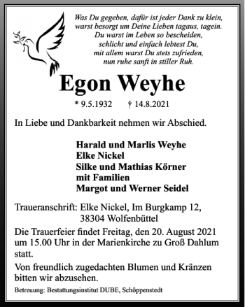 Traueranzeige von Egon Weyhe von Wolfenbütteler Zeitung