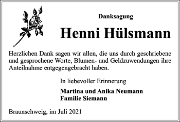 Traueranzeige von Henni Hülsmann von Braunschweiger Zeitung