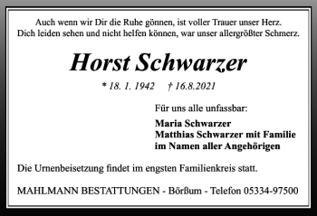Traueranzeige von Horst Schwarzer von Braunschweiger Zeitung