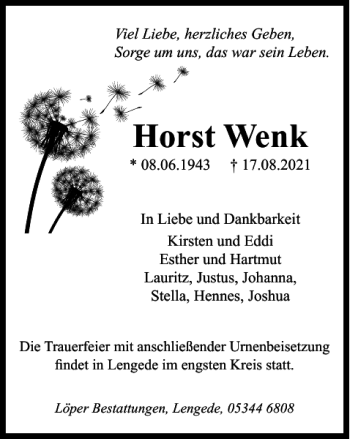 Traueranzeige von Horst Wenk von Peiner Nachrichten
