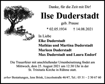 Traueranzeige von Ilse Duderstadt von Braunschweiger Zeitung