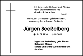 Traueranzeige von Jürgen Seeßelberg von Wolfsburger Nachrichten