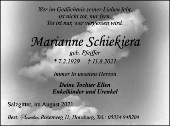 Traueranzeige von Marianne Schiekiera von Salzgitter Zeitung