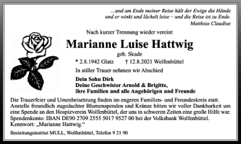 Traueranzeige von Marianne Luise Hattwig von Wolfenbütteler Zeitung