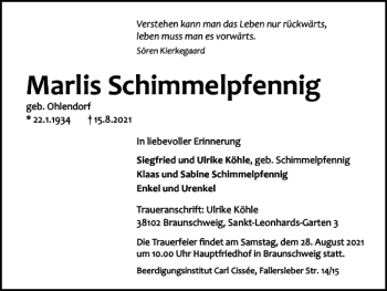 Traueranzeige von Marlis Schimmelpfennig von Braunschweiger Zeitung