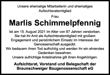 Traueranzeige von Marlis Schimmelpfennig von Braunschweiger Zeitung