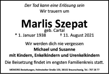Traueranzeige von Marlis Szepat von Braunschweiger Zeitung