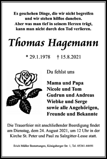 Traueranzeige von Thomas Hagemann von Salzgitter Zeitung