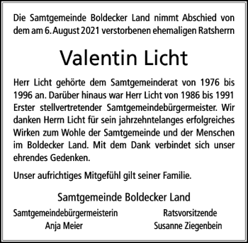 Traueranzeige von Valentin Licht von Wolfsburger Nachrichten
