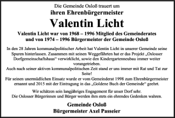 Traueranzeige von Valentin Licht von Wolfsburger Nachrichten