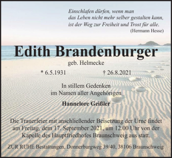 Traueranzeige von Edith Brandenburger von Braunschweiger Zeitung