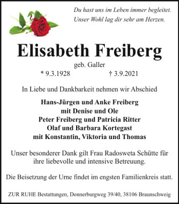 Traueranzeige von Elisabeth Freiberg von Braunschweiger Zeitung