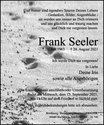 Traueranzeige von Frank Seeler von Wolfsburger Nachrichten