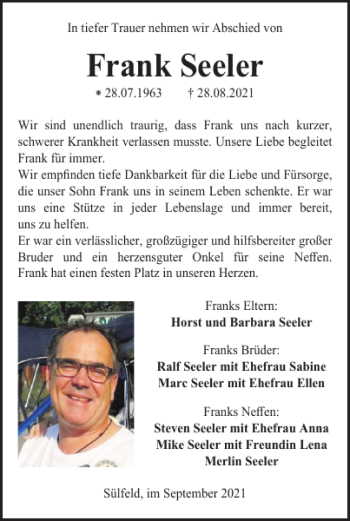 Traueranzeige von Frank Seeler von Wolfsburger Nachrichten