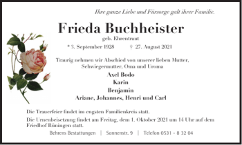 Traueranzeige von Frieda Buchheister von Braunschweiger Zeitung