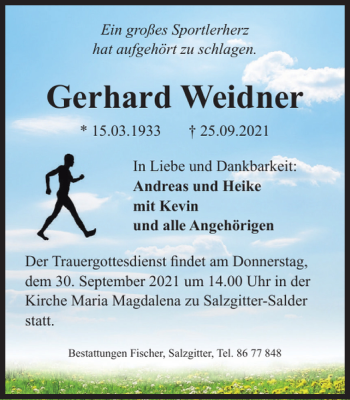 Traueranzeige von Gerhard Weidner von Salzgitter Zeitung