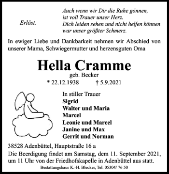 Traueranzeige von Hella Cramme von Wolfsburger Nachrichten