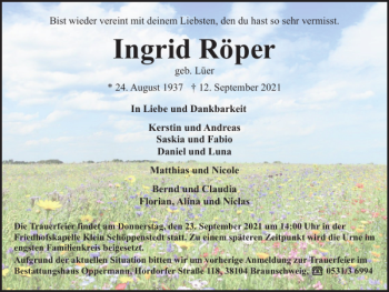 Traueranzeige von Ingrid Röper von Wolfenbütteler Zeitung