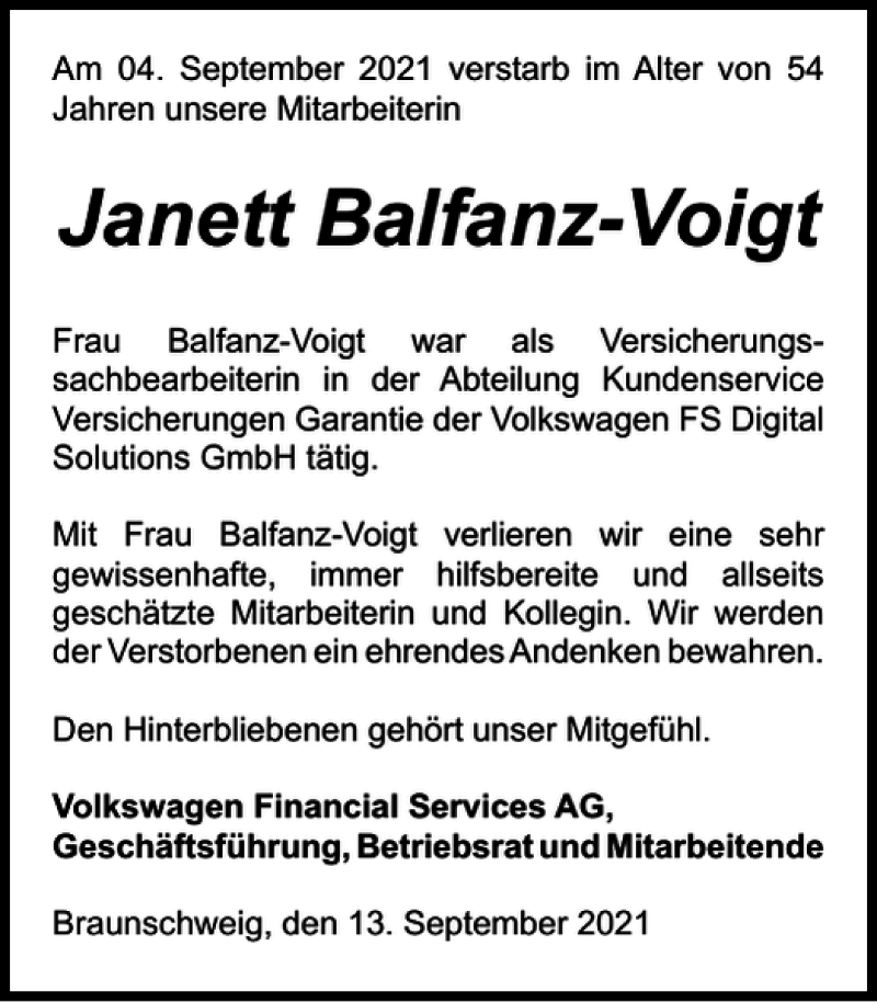  Traueranzeige für Janett Balfanz-Voigt vom 13.09.2021 aus Braunschweiger Zeitung