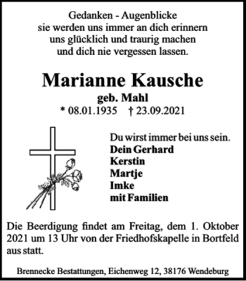 Traueranzeige von Marianne Kausche von Braunschweiger Zeitung