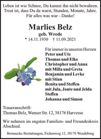 Traueranzeige von Marlies Belz von Peiner Nachrichten