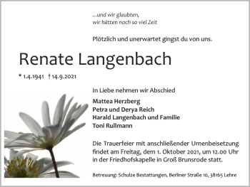 Traueranzeige von Renate Langenbach von Helmstedter Nachrichten