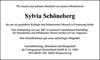 Traueranzeige von Sylvia Schöneberg von Braunschweiger Zeitung