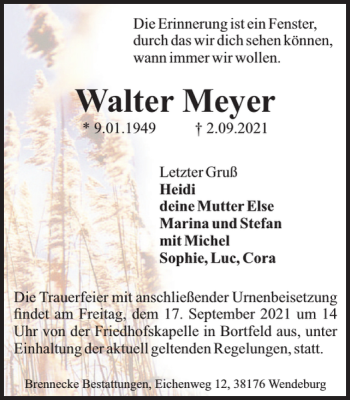 Traueranzeige von Walter Meyer von Peiner Nachrichten